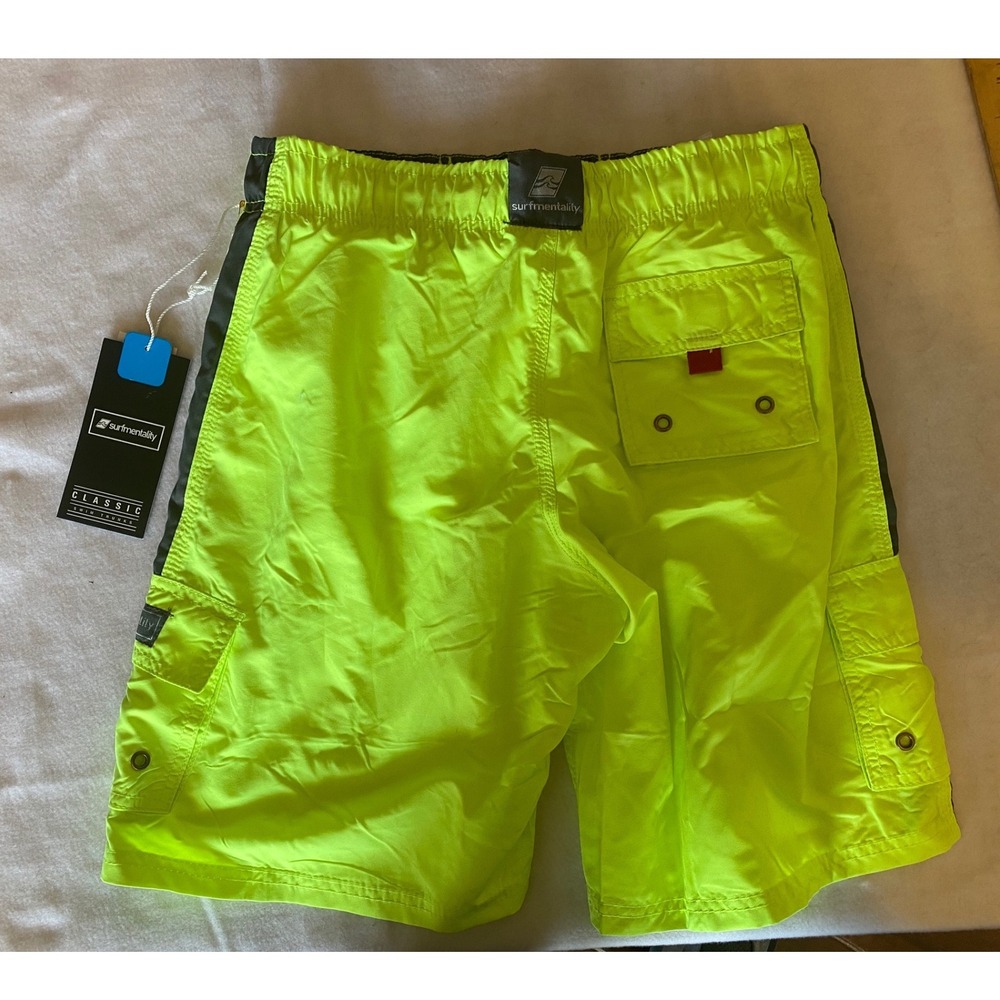 Surfmentality Swim Trunks Mens Small Neon Yellow Cargo Board NWT - Picture 2 of 5